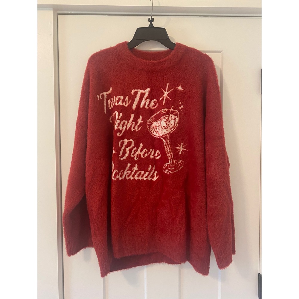 Show Me Your Mumu Twas The Night Before Cocktails Red Fuzzy Sweater Medium NWT - Picture 2 of 6